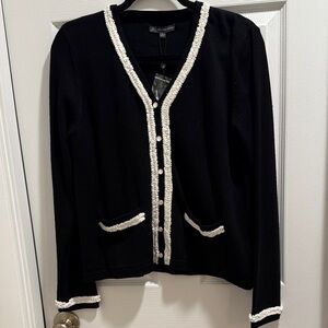 NWT Adrianna Papell Black Cardigan with White/Pearl Trim